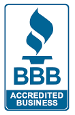 A blue and white bbb accredited business logo on a white background.