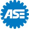 The ase logo is a blue gear with white letters on it.