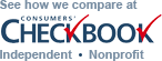 A logo for consumers checkbook that says see how we compare at independent nonprofit