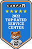 A carfax top rated service center badge with a fox on it.