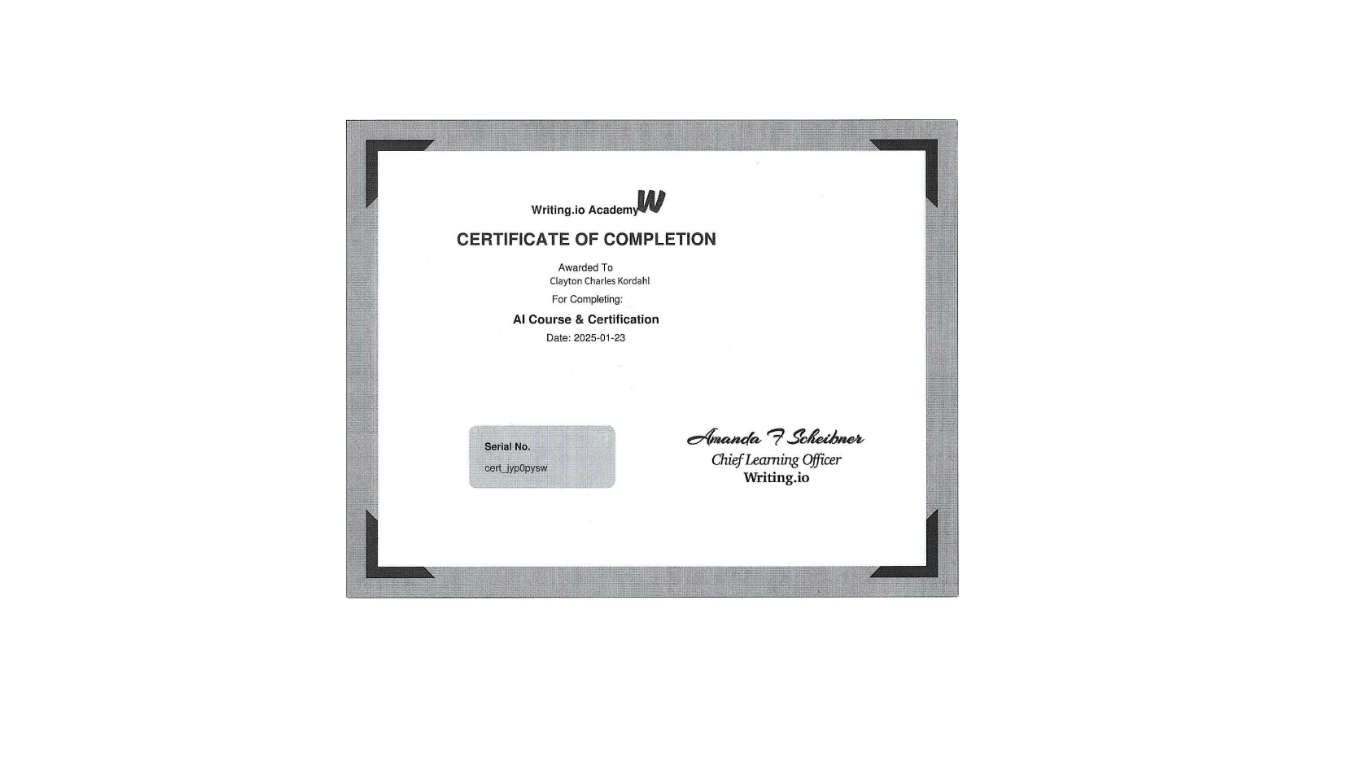 Certificate framed in gray, text for University of Computing, signature of a school official.