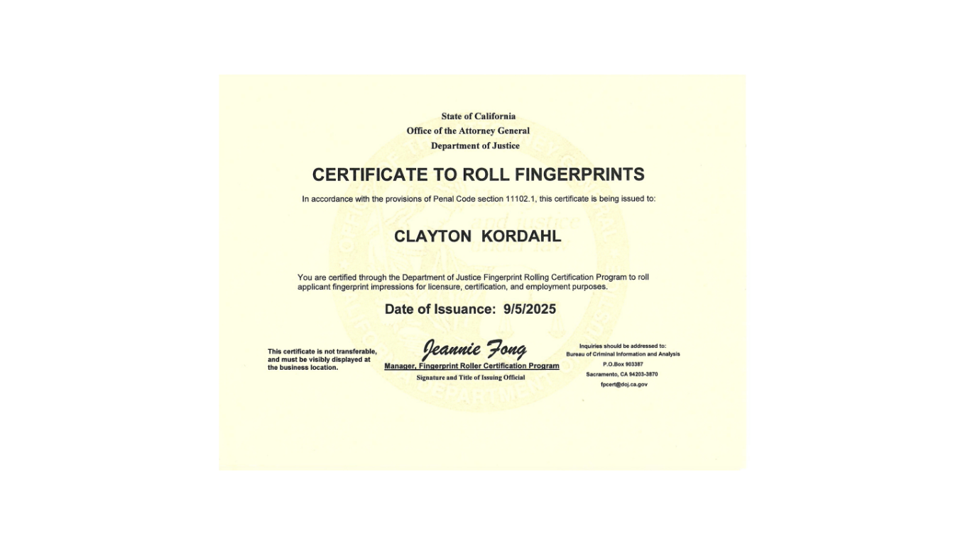 Certificate to Roll Fingerprints for Clayton Kosaar, featuring text and official stamps.