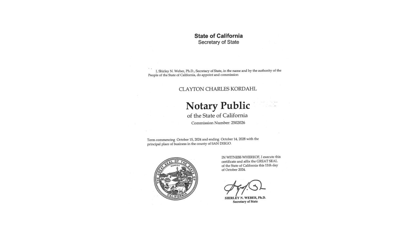 California Notary Public certificate with official seal and signature.