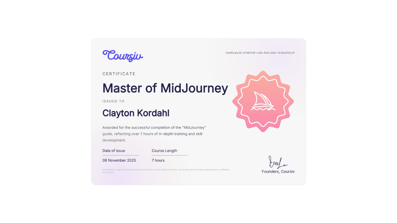 Certificate: Master of MidJourney, issued to Clayton Kordahi, featuring pink seal.