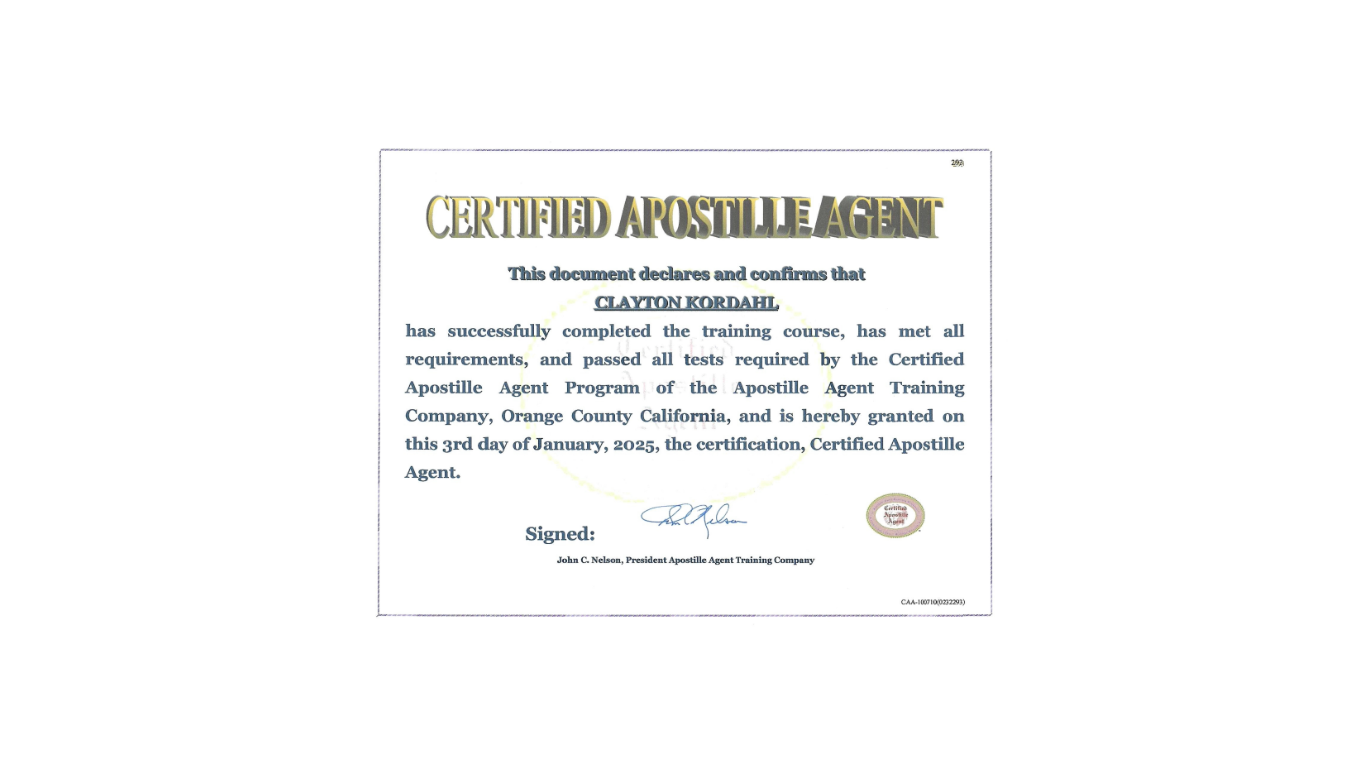 Certified Apostille Agent certificate with text and signature.