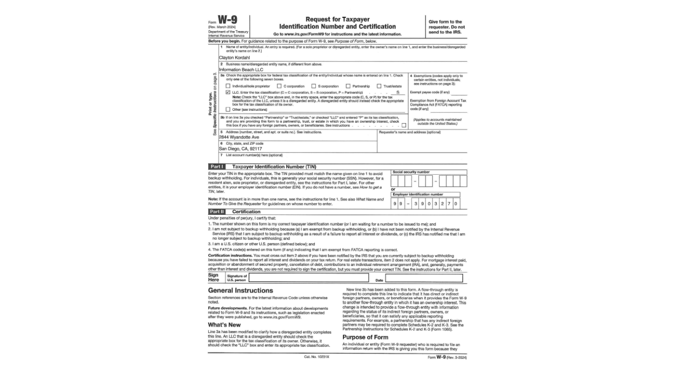 IRS Form W-9, a tax document used for requesting a taxpayer’s identification number.