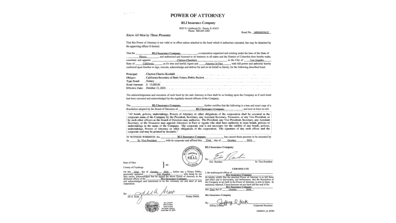 Legal document with text, signature, and notary seal.