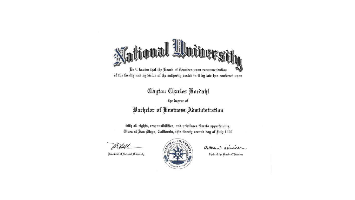 National University diploma for Clayton Charles Ravich, Master of Business Administration.