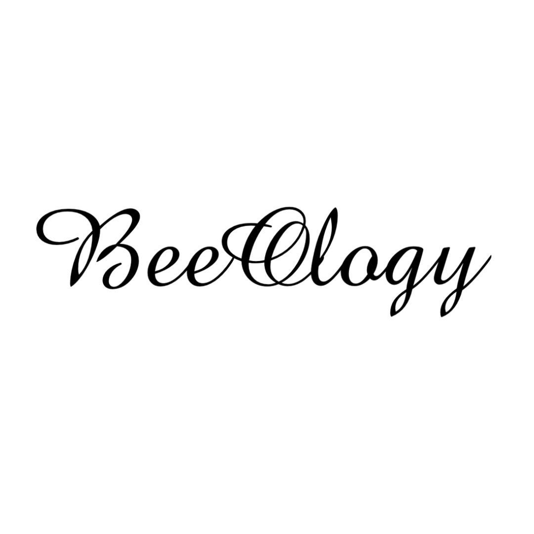 A black and white logo for a company called beeology.