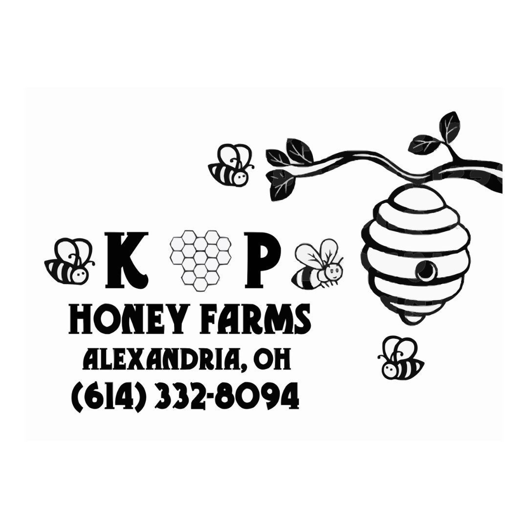 A black and white logo for honey farms in alexandria , oh.