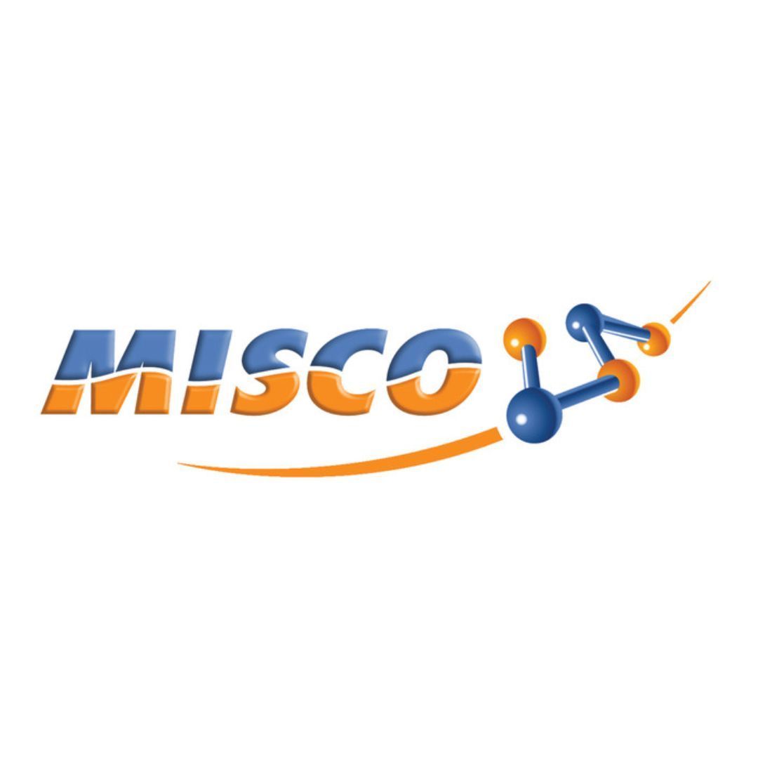 A blue and orange misco logo on a white background
