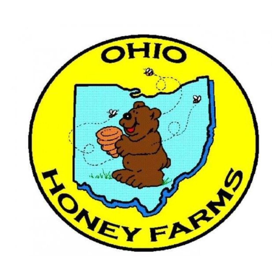 A logo for ohio honey farms with a bear holding a jar of honey