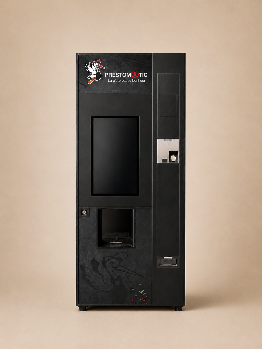 Distributeur automatique noir  avec boutons de sélection de boissons , sur fond beige