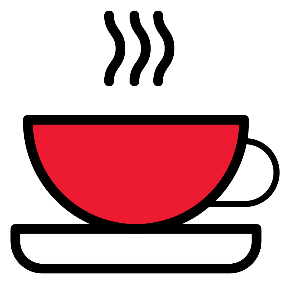 Icône d'une tasse de café rouge fumante sur sa soucoupe, avec contour noir et fond blanc.