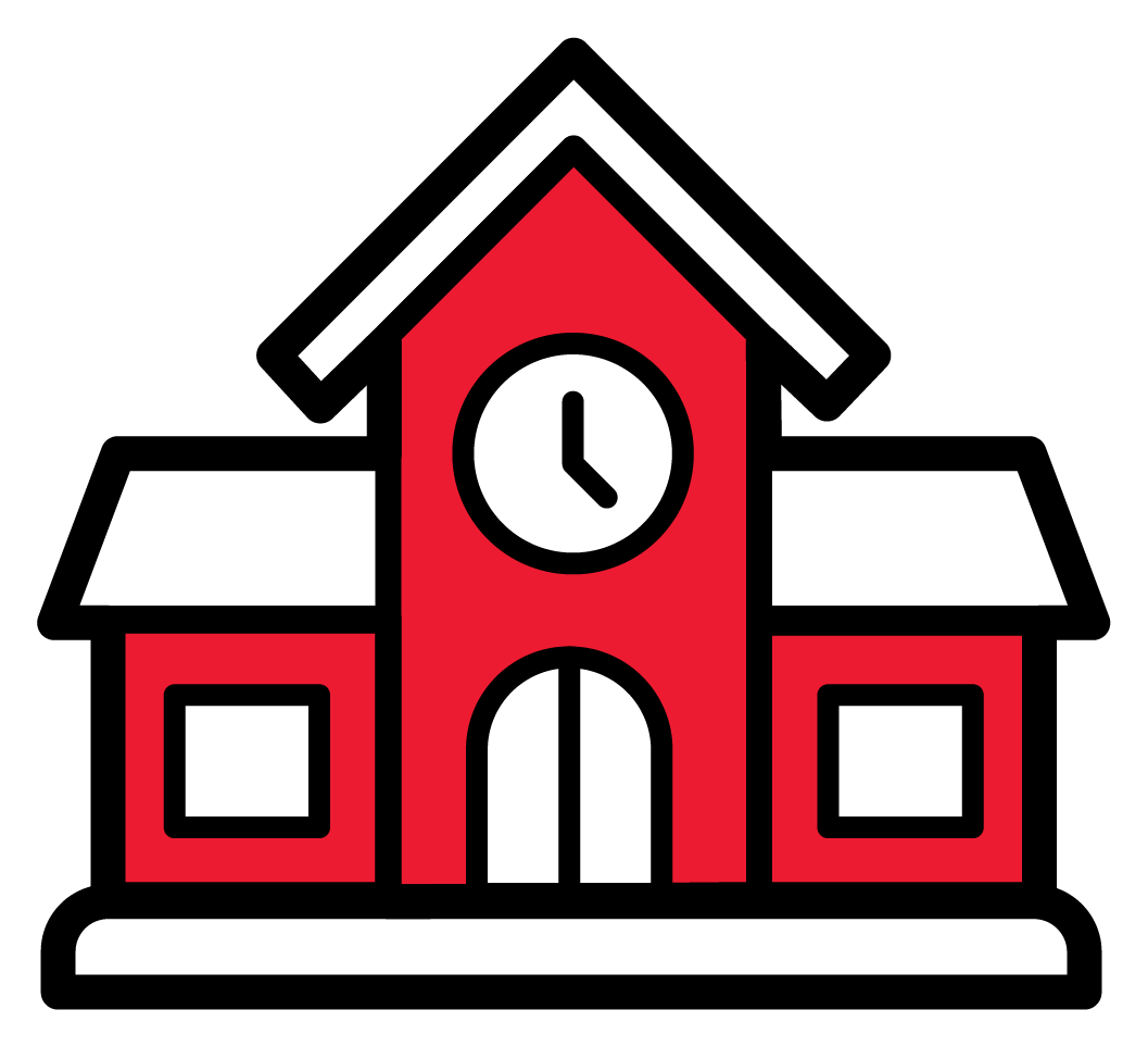 École rouge avec horloge, contour noir, fenêtres blanches et ornements de toit.