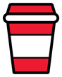 Tasse à café rouge à bandes blanches et contour noir.