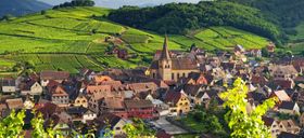 De vieux bâtiments aux toits de tuiles rouges se dressent devant des vignobles verdoyants et une colline boisée sous un ciel nuageux.