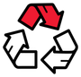 Symbole de recyclage : trois flèches disposées en cercle, une rouge et deux blanches à contour noir.