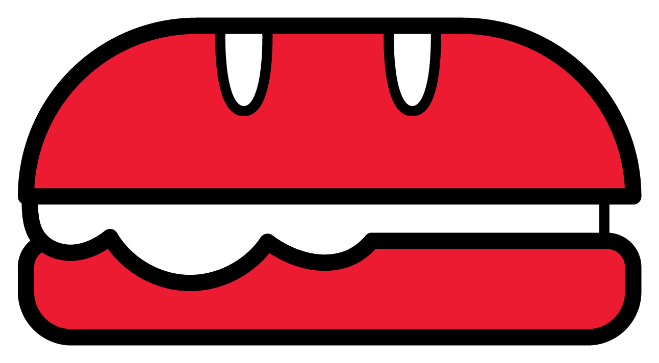 Sandwich ou hamburger rouge, de style dessin animé, avec une garniture blanche, le tout souligné de noir.