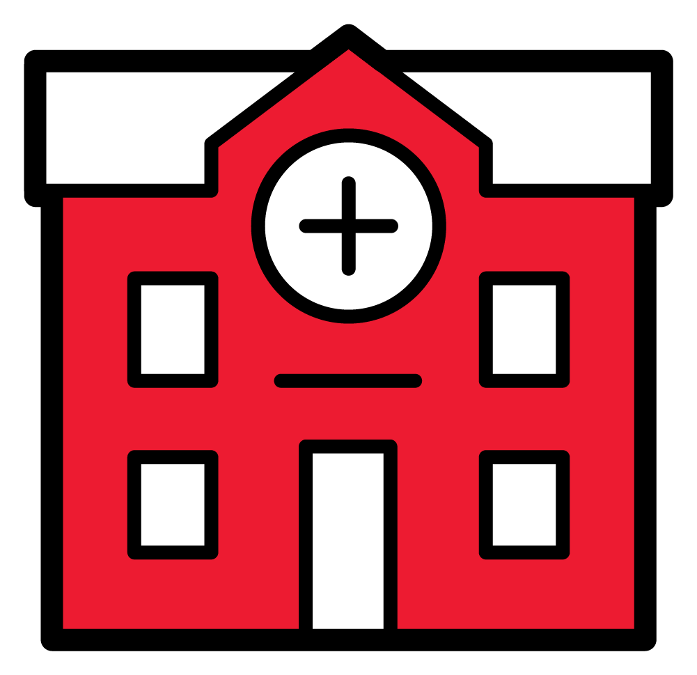 Icône d'un bâtiment d'hôpital rouge avec une croix blanche.