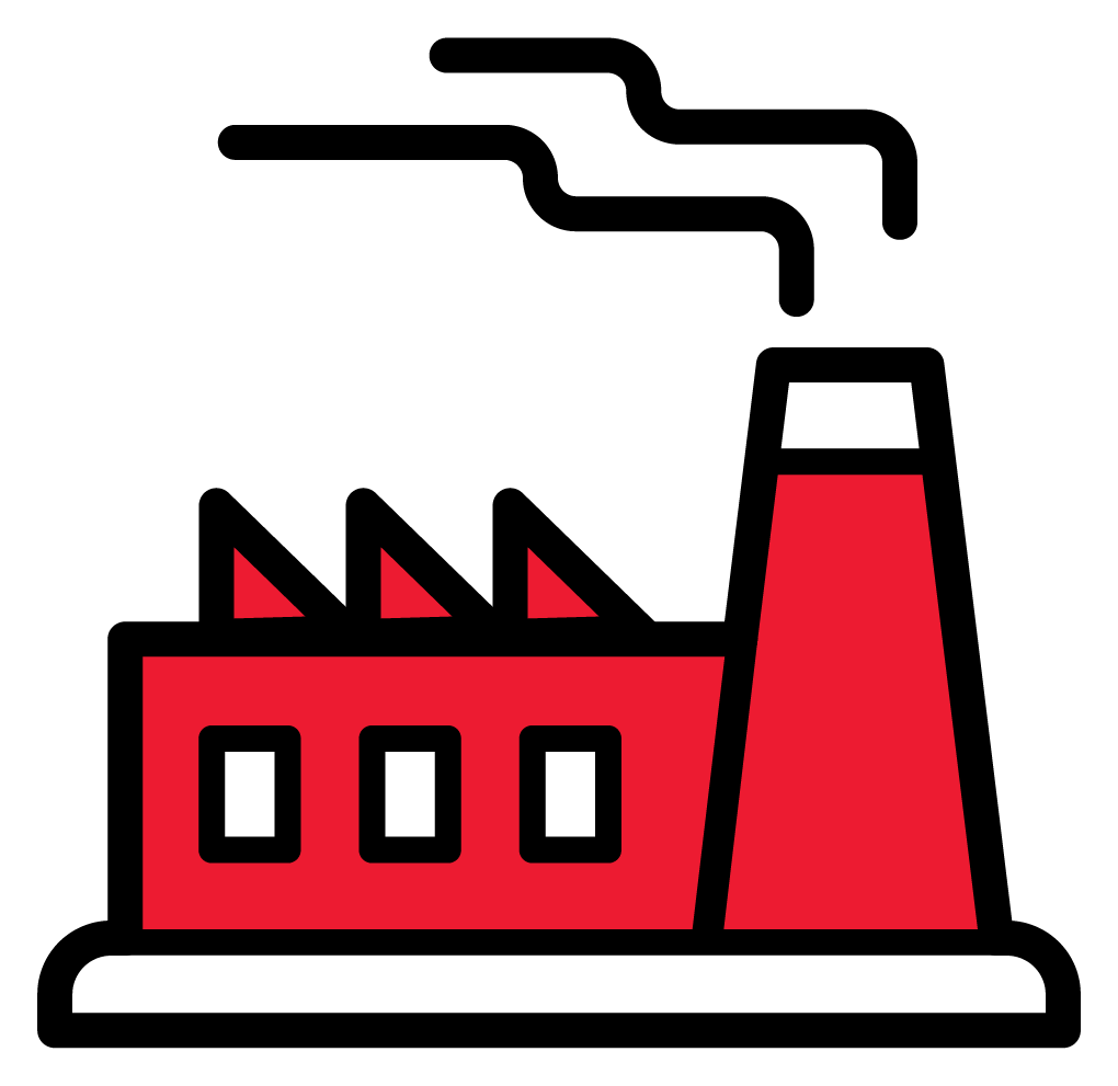 Usine rouge avec une cheminée d'où s'échappent trois volutes de fumée.