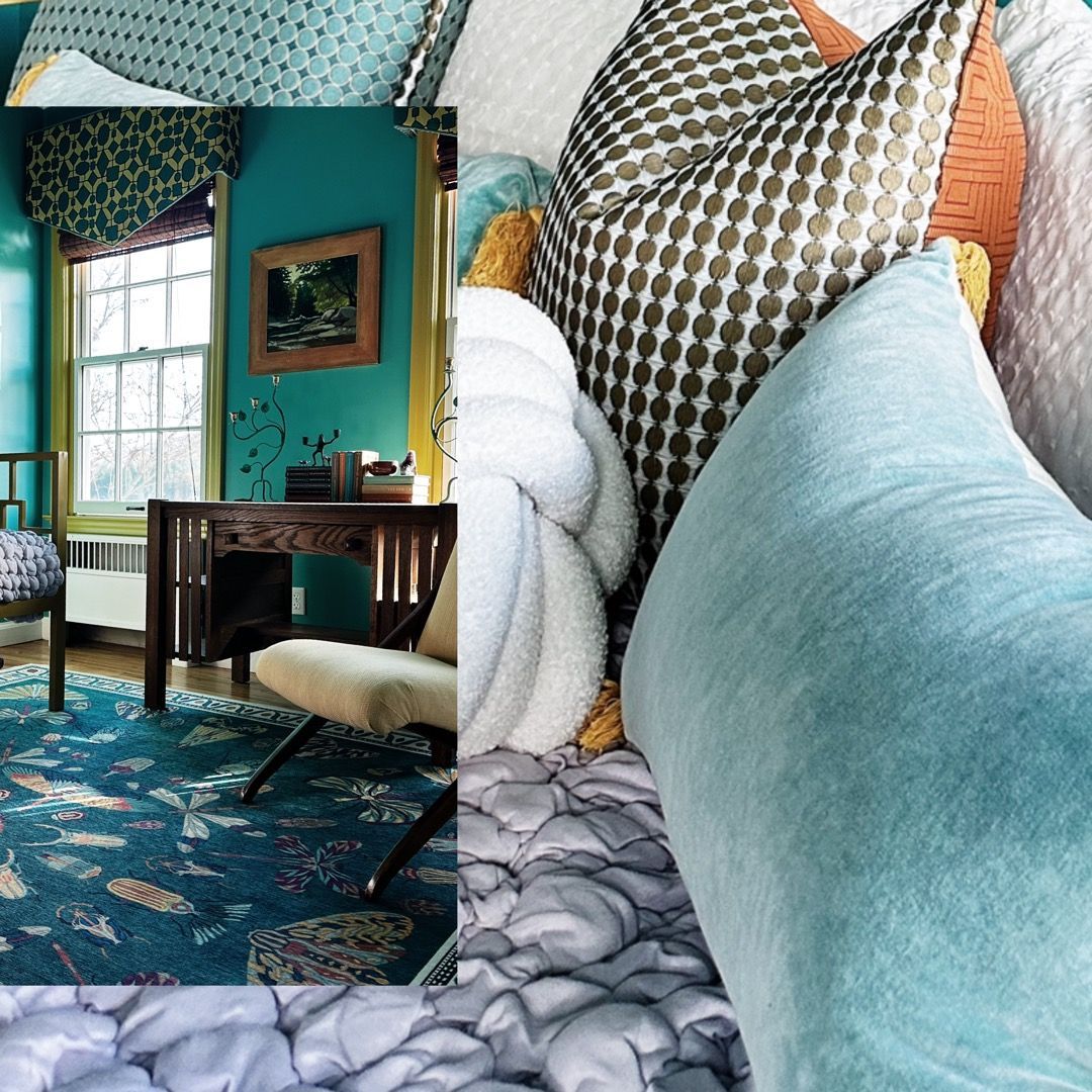 A collage of pictures shows a bedroom with lots of pillows