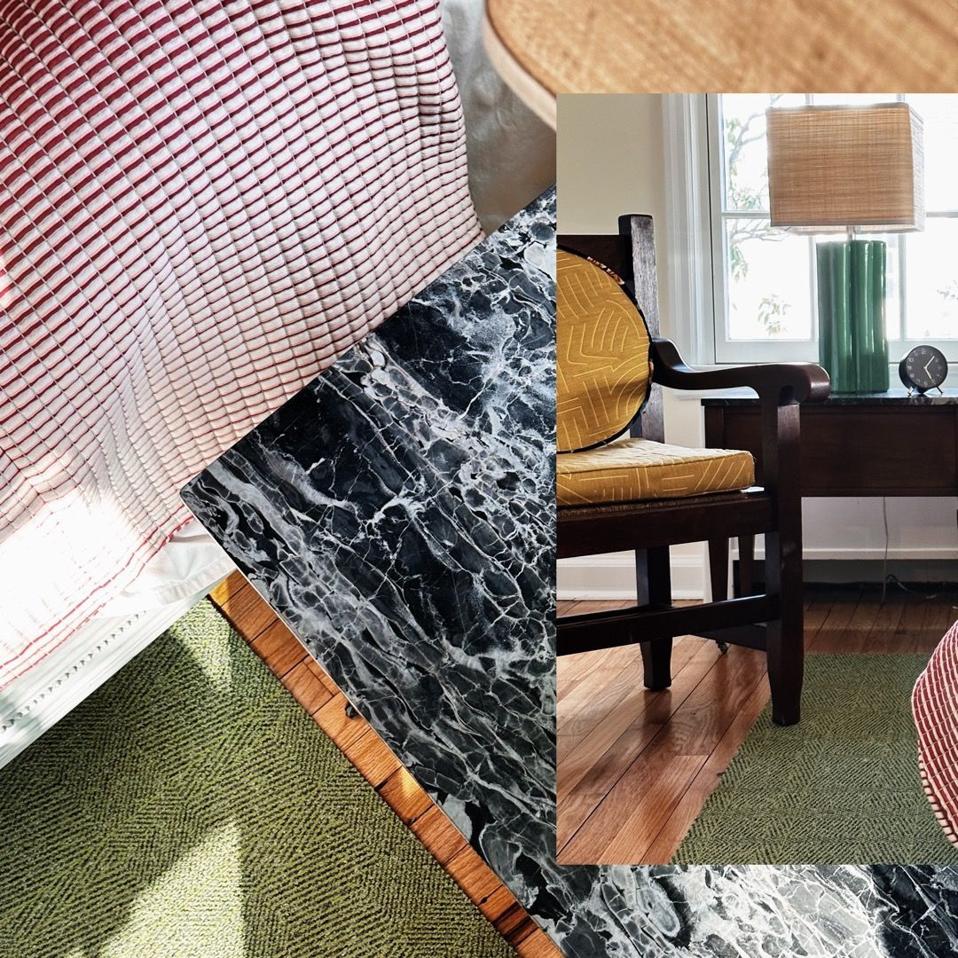 A collage of pictures shows a chair a table and a lamp