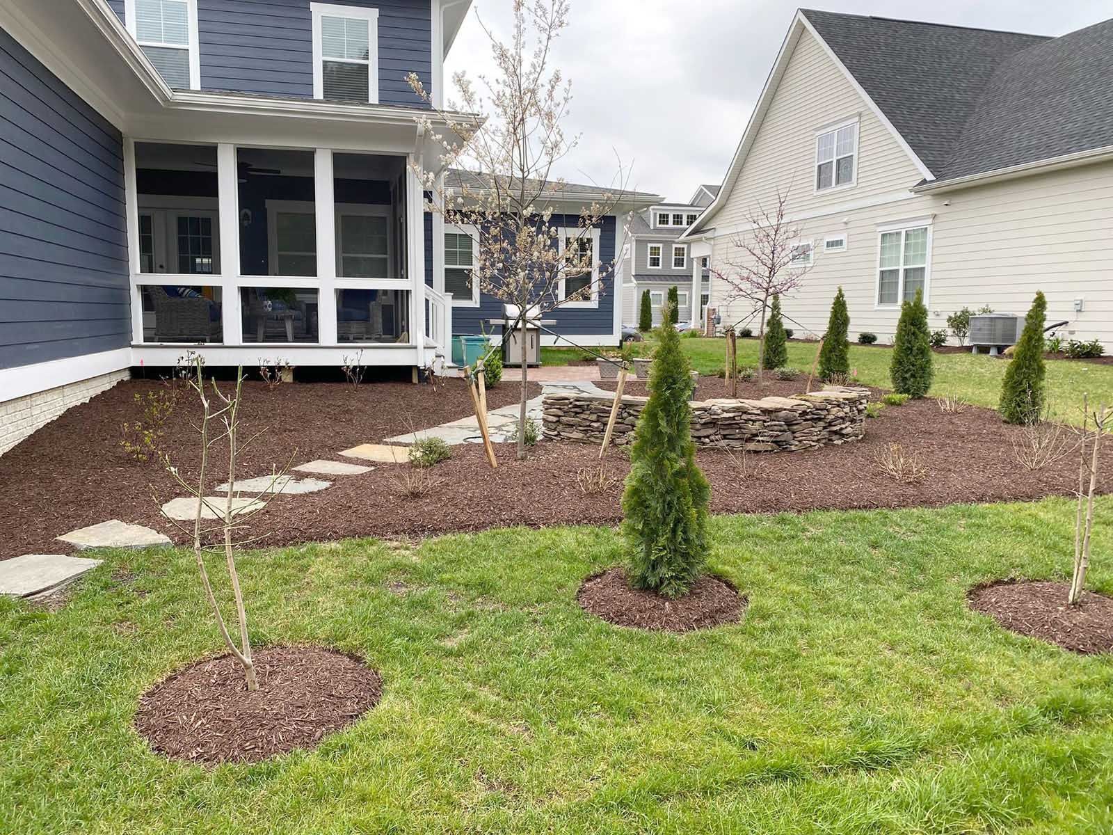 Front yard landscaping with young trees, mulch beds, and a blue house beside a light gray home