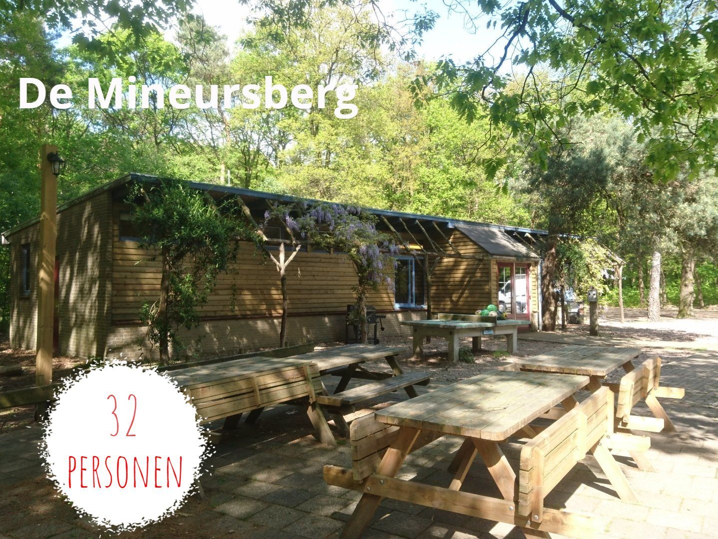Groepsaccommodatie de Mineursberg Een houten gebouw verscholen in een open plek in het bos met picknicktafels en een bord met de tekst