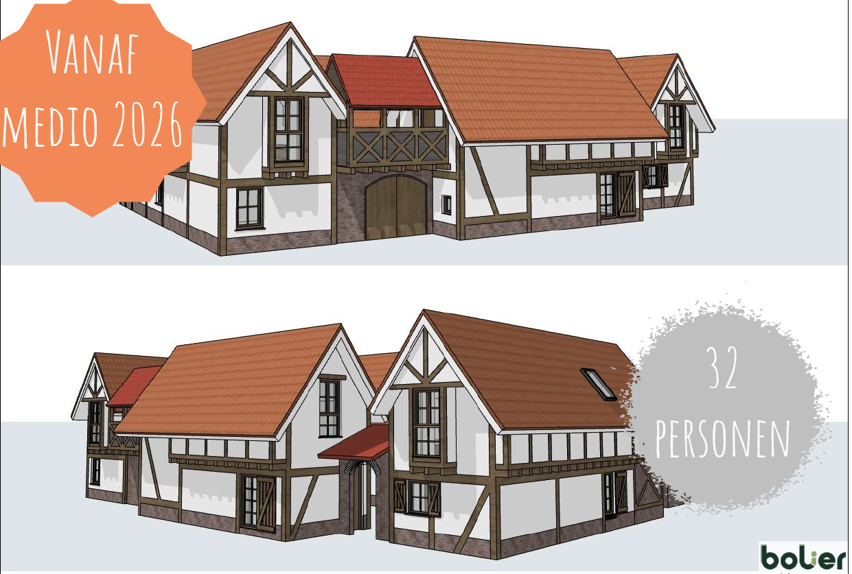 Groepsaccommodatie Bohamo Twee architectonische impressies van een vakwerkgebouwencomplex, met de vermelding dat het plaats biedt aan 32 personen en medio 2024 beschikbaar zal zijn.