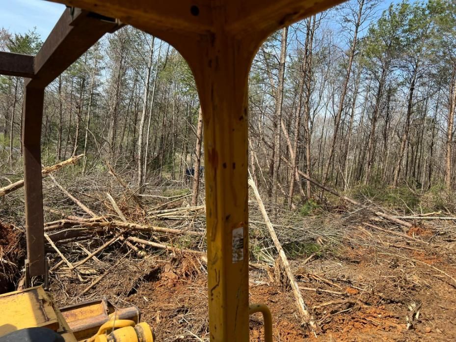 View from a yellow tractor cab, looking at a clearing in a wooded area with felled trees.