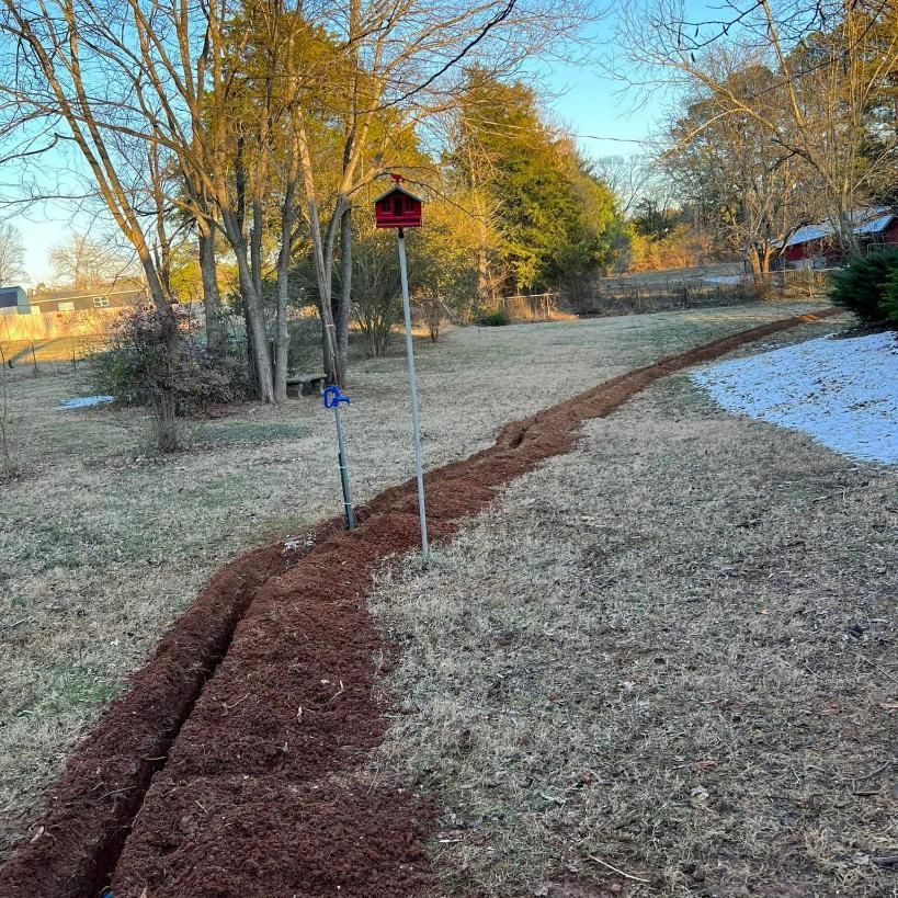 A mulched path through a yard with a birdhouse and a patch of snow.