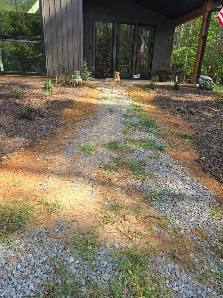 Gravel path leads to a modern house with glass doors. Brown mulch and grass border the path.