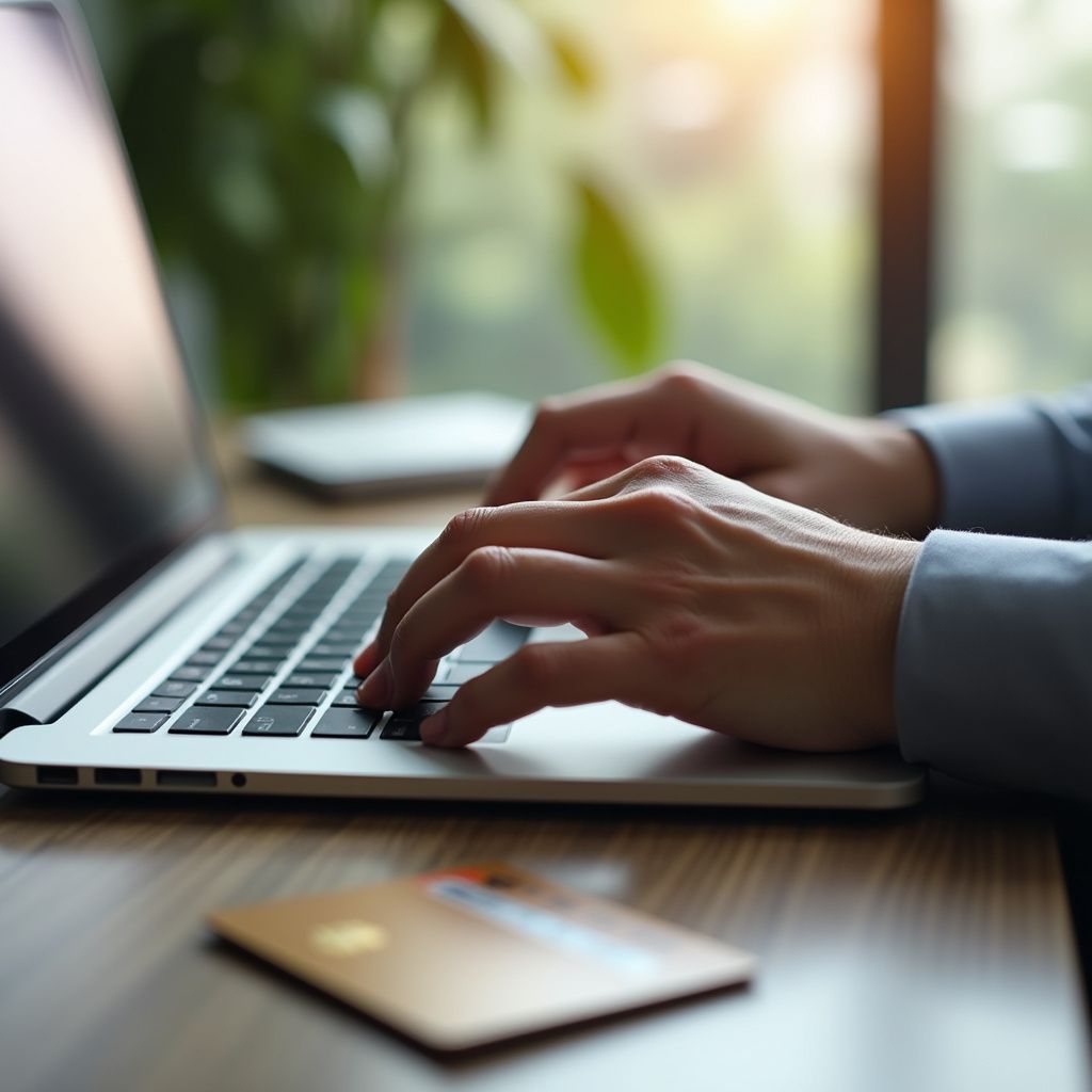 Hands typing on laptop with credit card for online payment bookkeeping