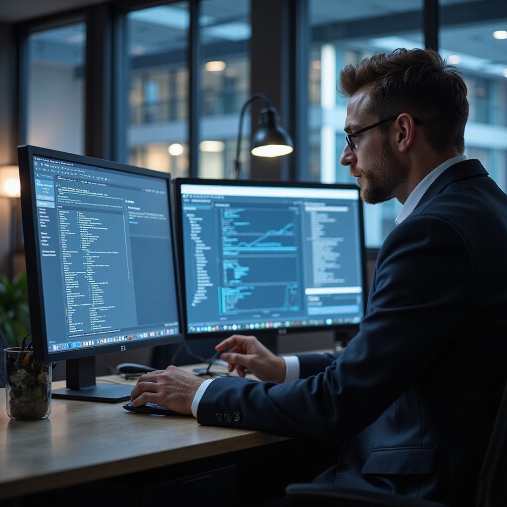 Man in suit working on computer, analyzing data on dual monitors in office.