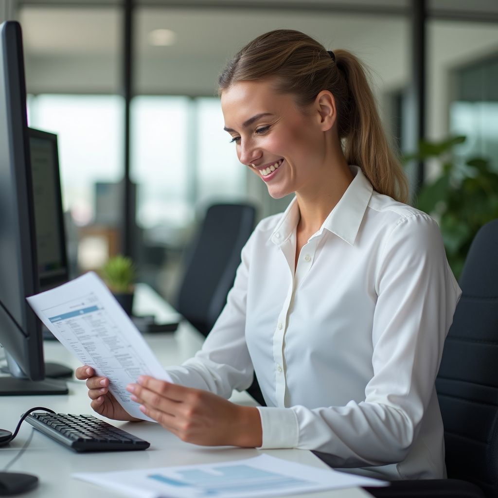 Woman with glasses reviewing bookkeeping notes outdoors with coffee