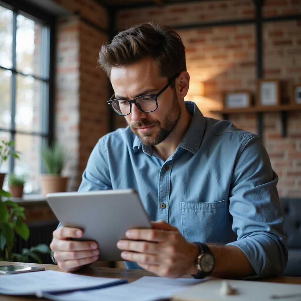 Man with glasses looking at a tablet, indoors.