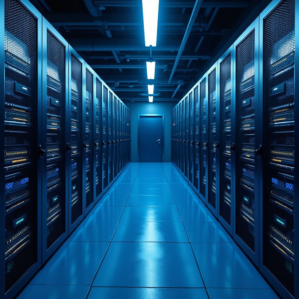 Reboot IT 'S Blue-lit server room with rows of server racks, central aisle, and a door at the end.