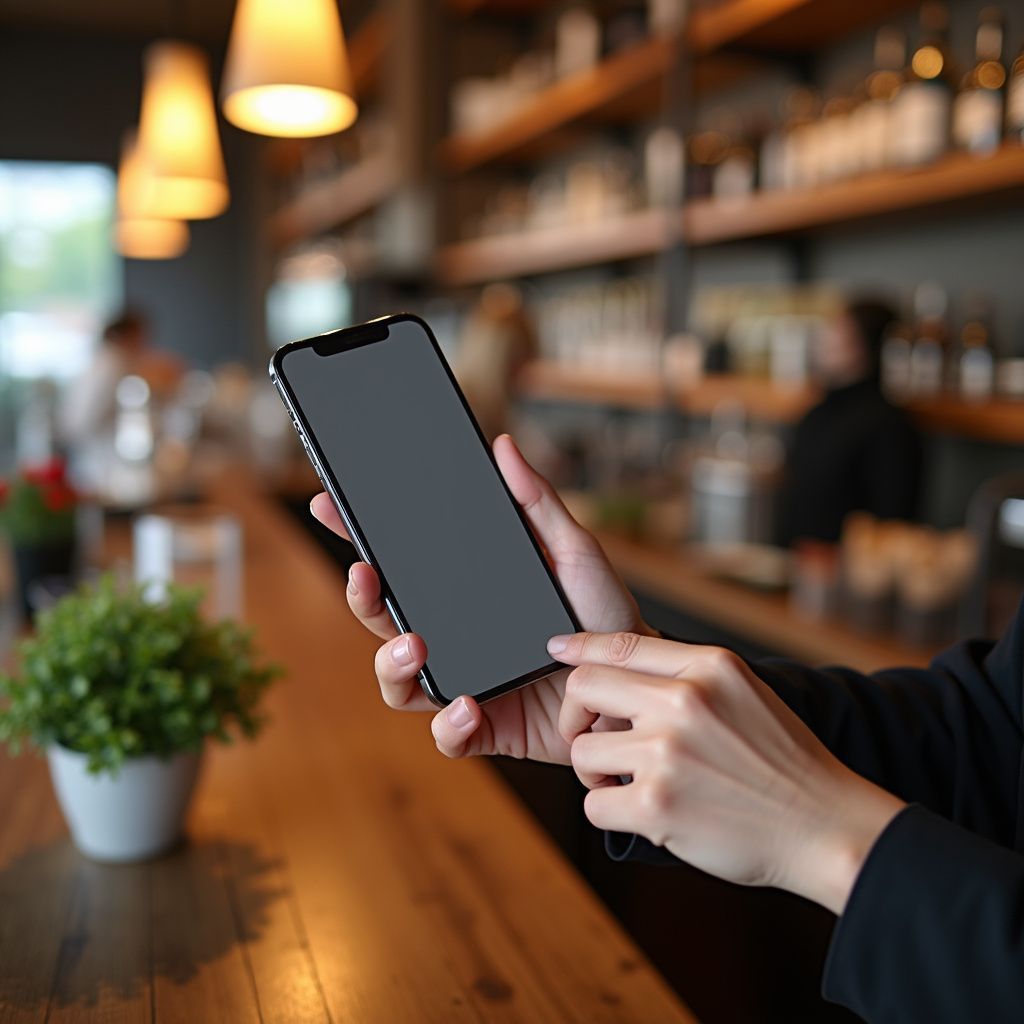 Person holding a smartphone in a cafe. The phone is black with a blank screen.