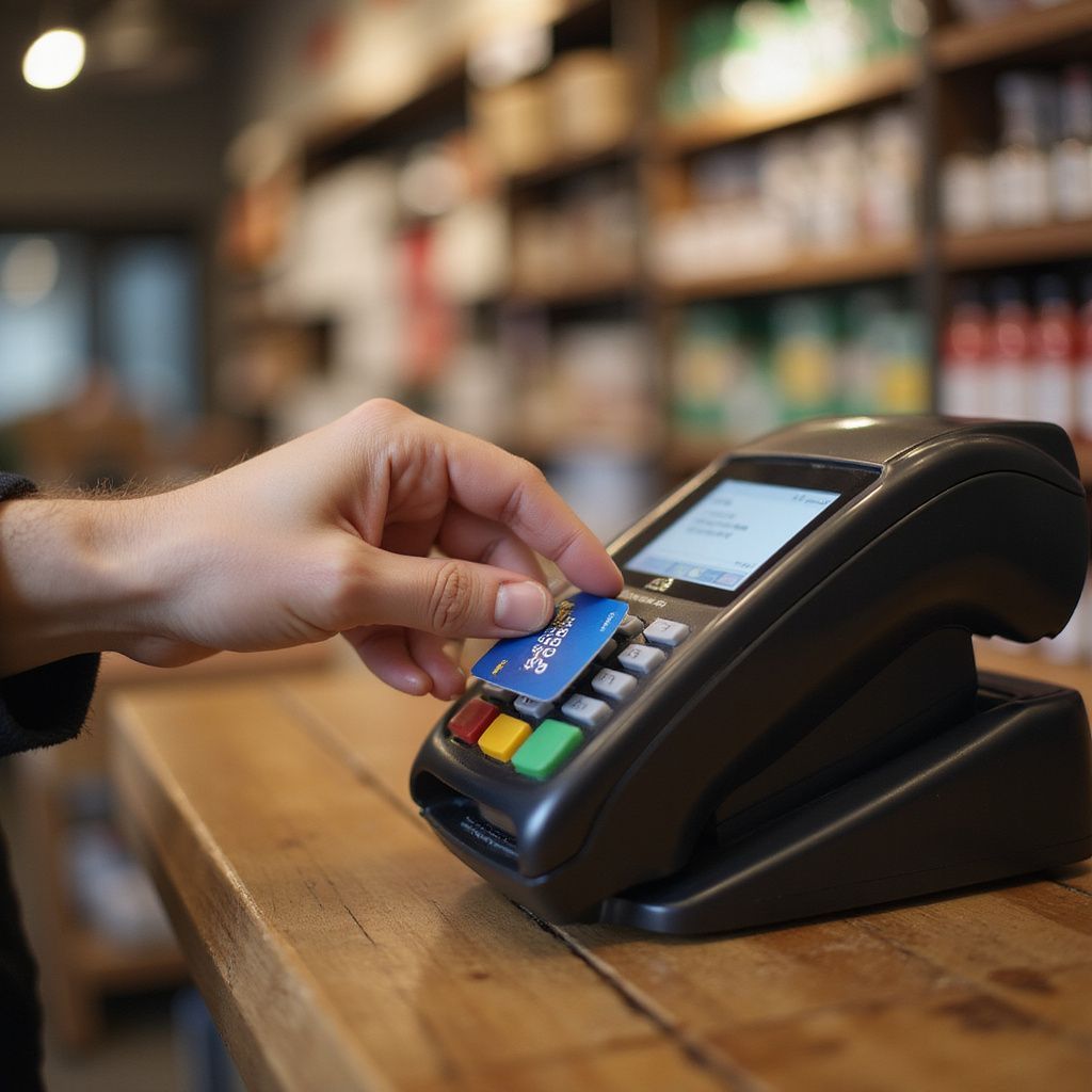 Person using credit card on POS terminal for payment bookkeeping
