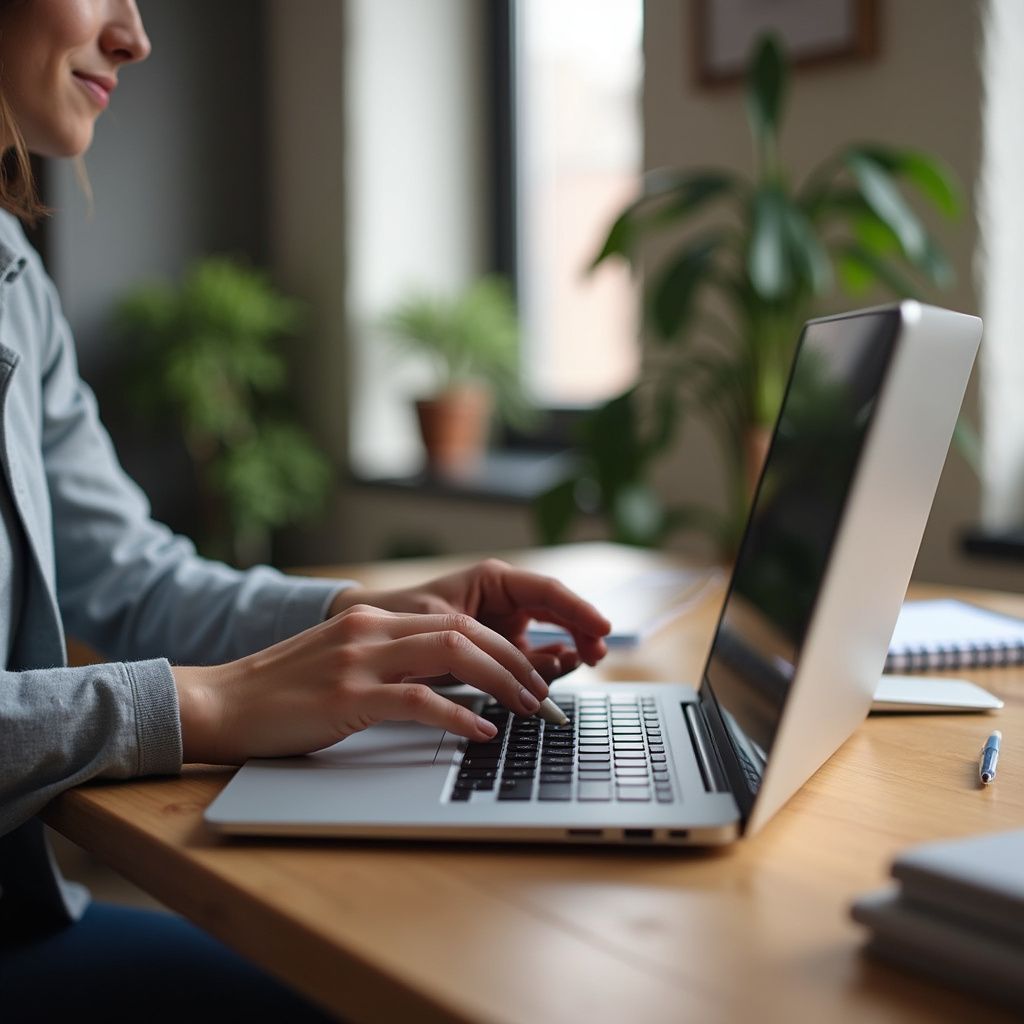 Woman typing on a laptop balancing books
