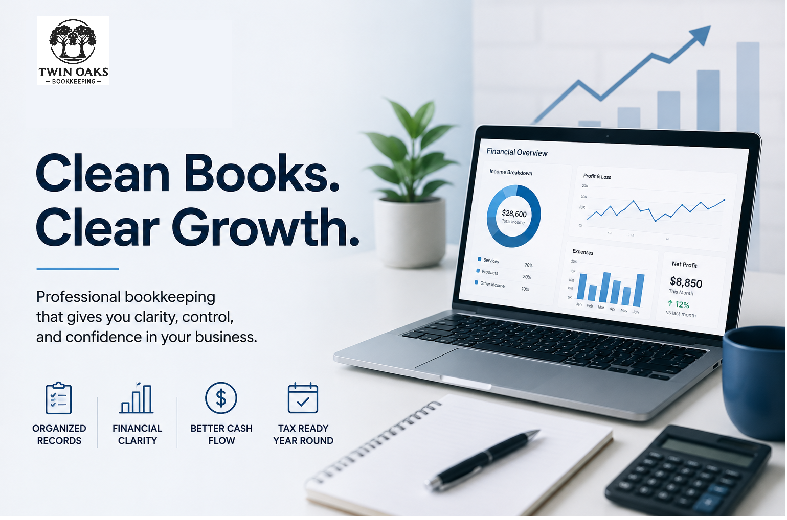 Clean Books. Clear Growth. Accounting dashboard on laptop beside pen, calculator, and plant.