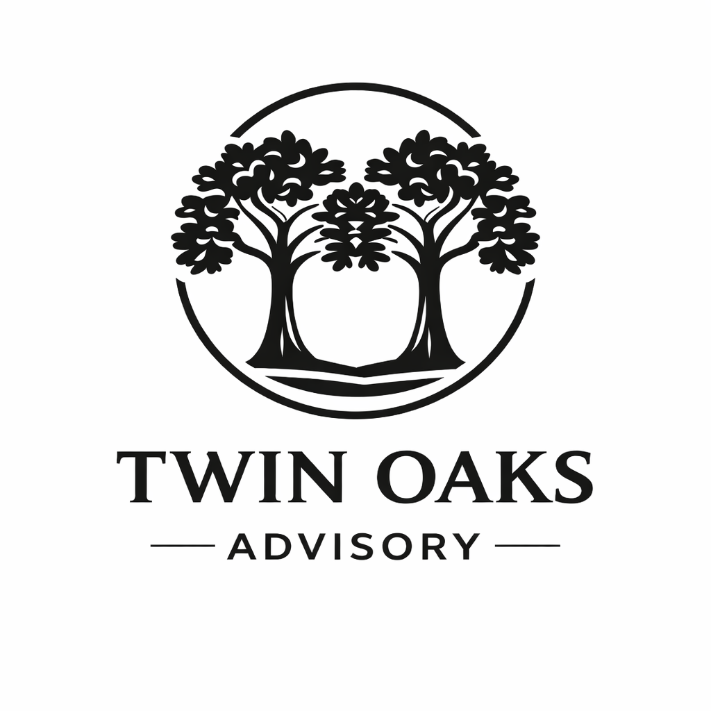 Logo for Twin Oaks Bookkeeping: Two oak trees inside a circle, with 