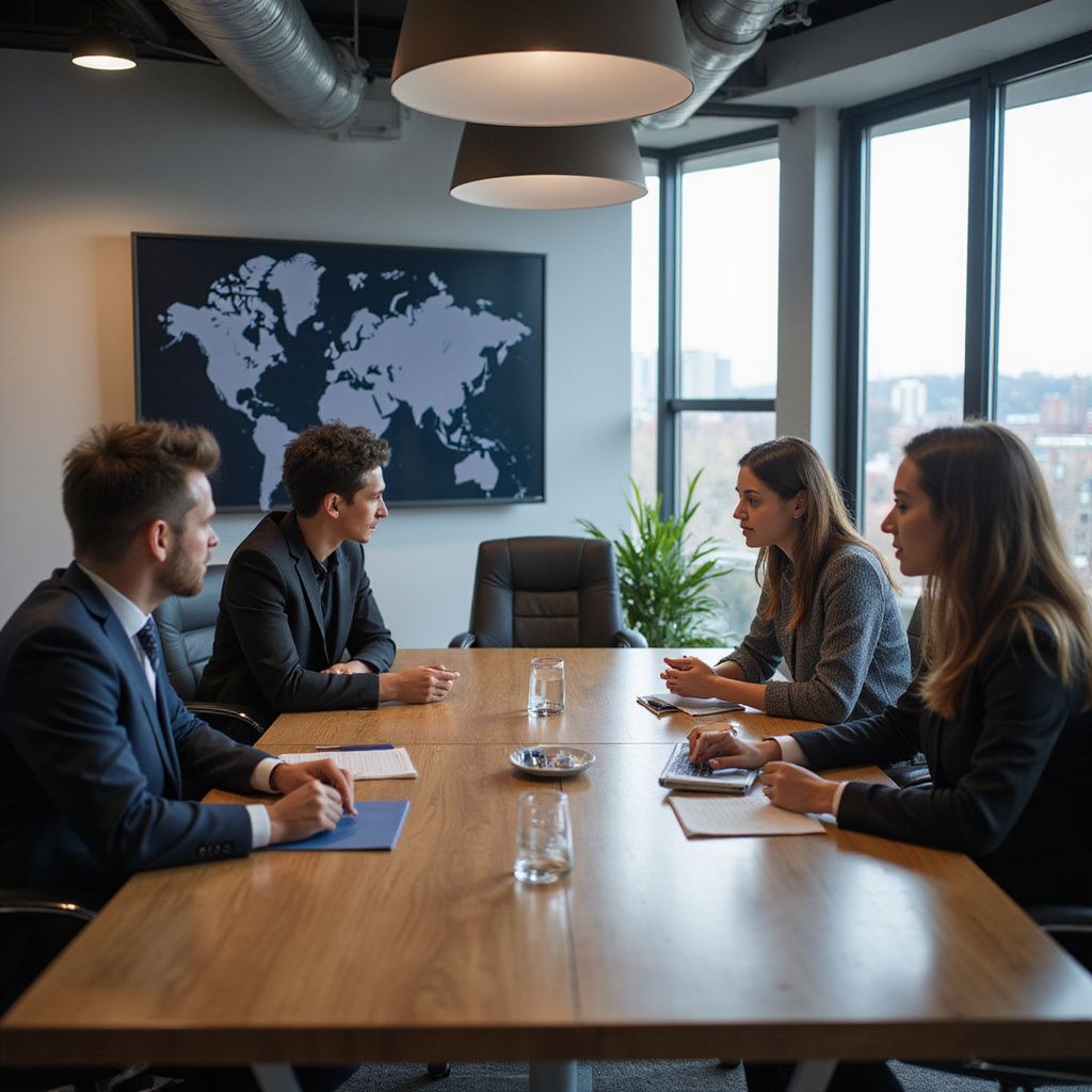Four in business attire at a conference table, looking at each other. World map on the wall