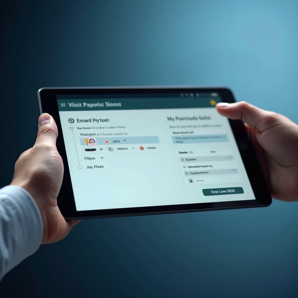 Hands holding tablet showing financial app for bookkeeping transactions
