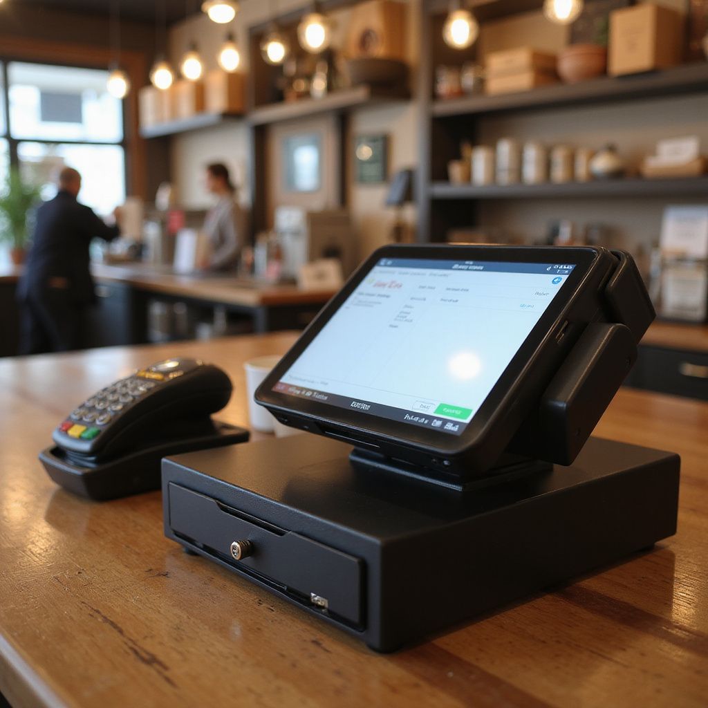 Point-of-sale system with screen and card reader on a counter at Twin Oaks Bookkeeping