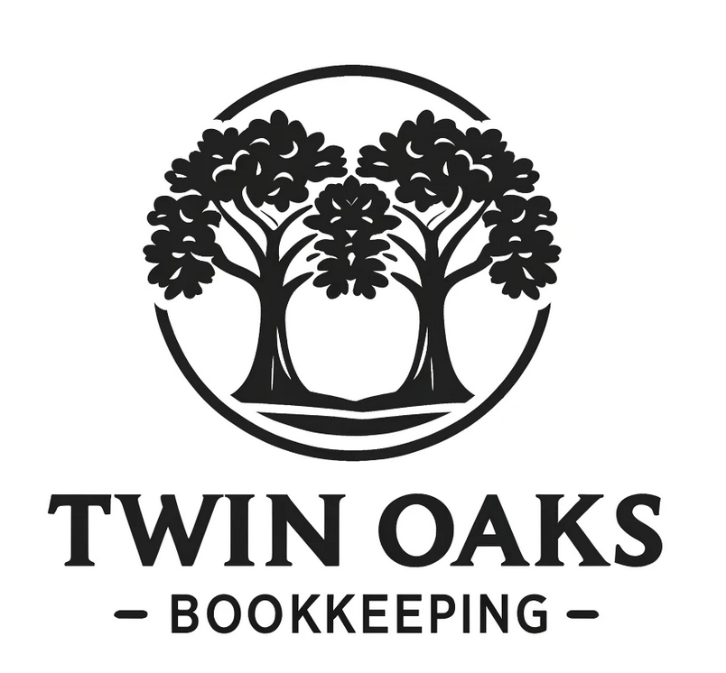 Logo for Twin Oaks Bookkeeping: Two oak trees inside a circle, with