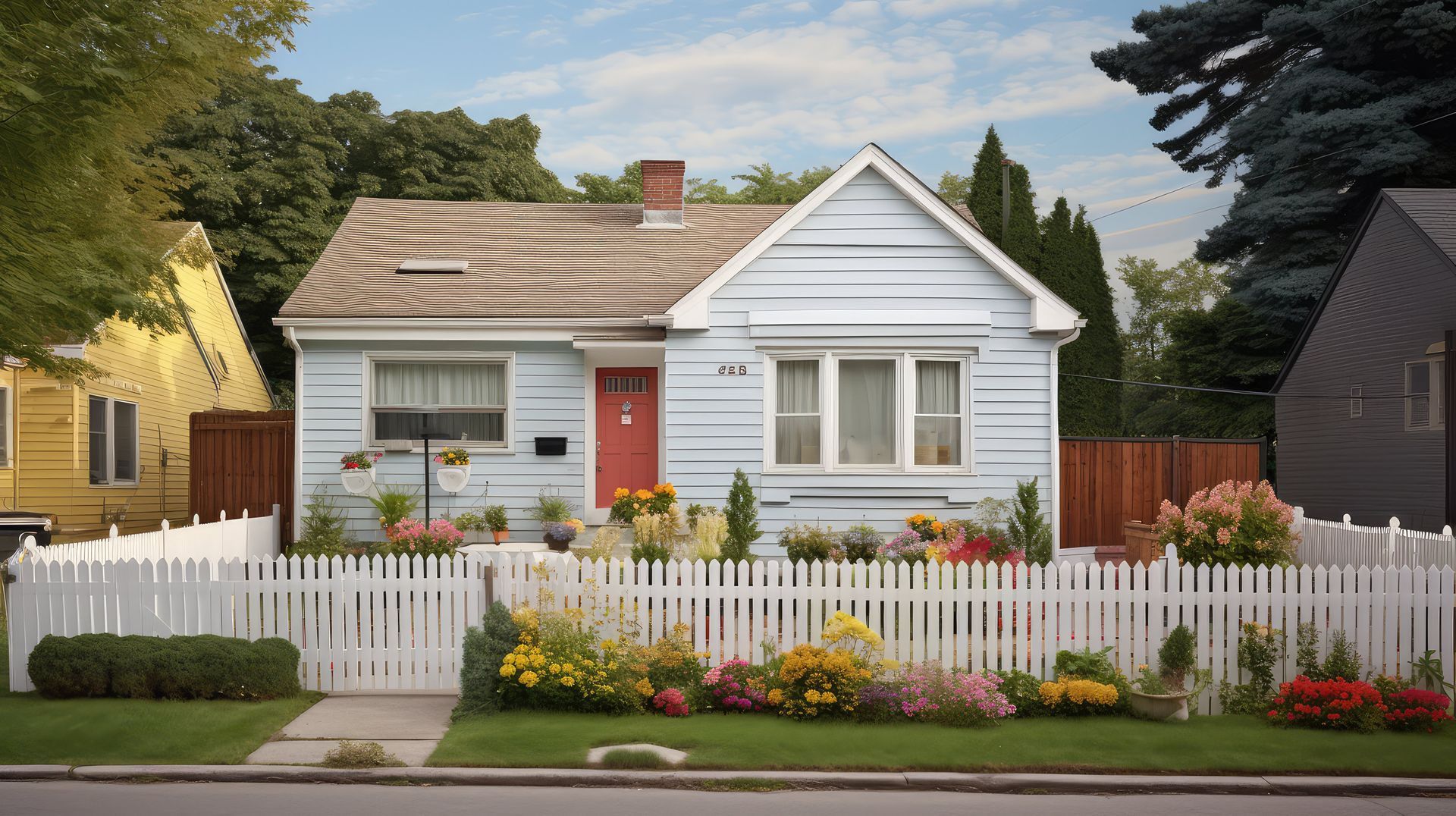 Blue house with a red door and white picket fence, surrounded by a colorful garden.