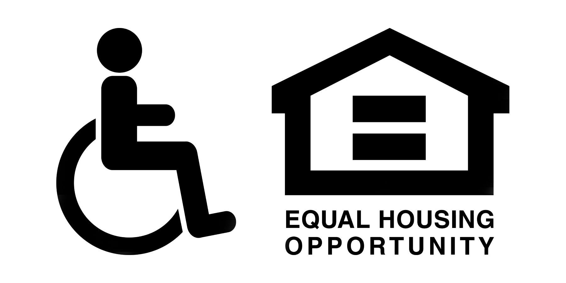 Black silhouette of person in wheelchair, next to a house with an equal sign, 