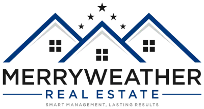Merryweather Real Estate logo with three blue-roofed houses, stars, and company name in navy blue.